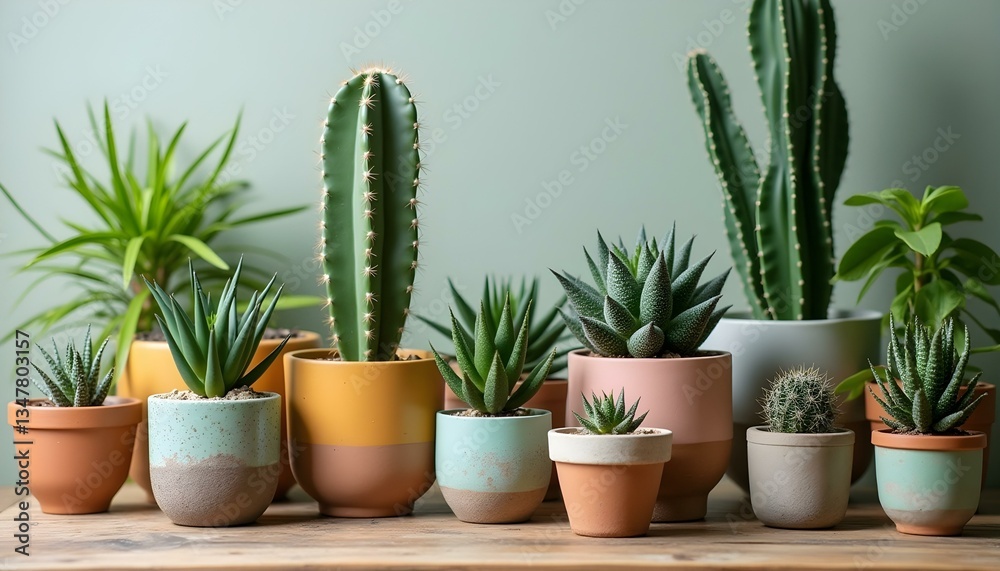 Obraz premium Set of indoor plants in colorful ceramic pots. A lush indoor garden featuring a variety of tropical plants, succulents, and cacti in stylish, colorful ceramic pots