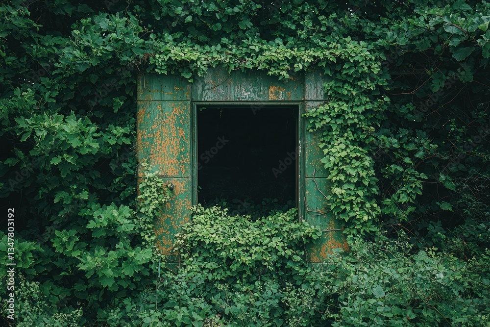 Overgrown window frame with rust, covered by foliage. Overgrown window frame with rust, covered by foliage.