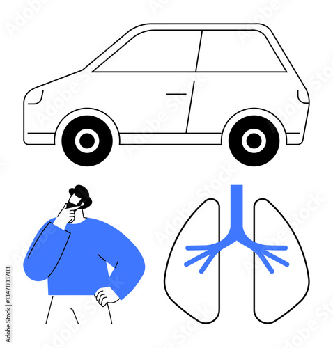 Man pondering with car illustration and lungs diagram linking vehicles to air quality, health, and pollution insights. Ideal for health, environment, transportation, decision making, air pollution