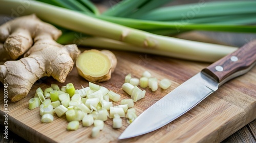 Fresh ingredients on cutting board with knife including chopped lemongrass and ginger