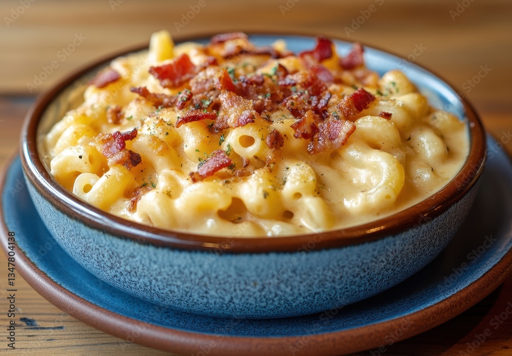 Creamy Macaroni with Crispy Bacon Topping in Rustic Bowl Served on Wooden Table, Culinary Delight for Food Lovers and Comfort Food Enthusiasts Creamy Macaroni with Crispy Bacon Topping in Rustic Bowl Served on Wooden Table, Culinary Delight for Food Lovers and Comfort Food Enthusiasts