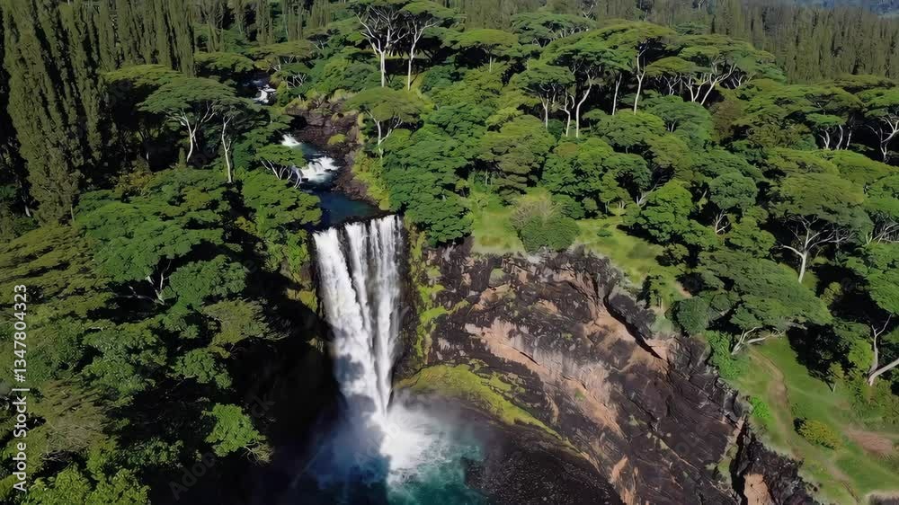 Exploring cascading waterfall surrounded by lush greenery in tropical landscape