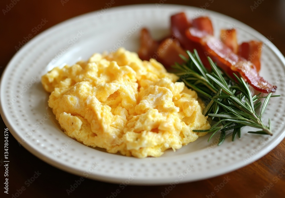 Creamy Scrambled Eggs with Crispy Bacon Strips and Fresh Rosemary Garnish on a White Plate for Breakfast Enjoyment Creamy Scrambled Eggs with Crispy Bacon Strips and Fresh Rosemary Garnish on a White Plate for Breakfast Enjoyment