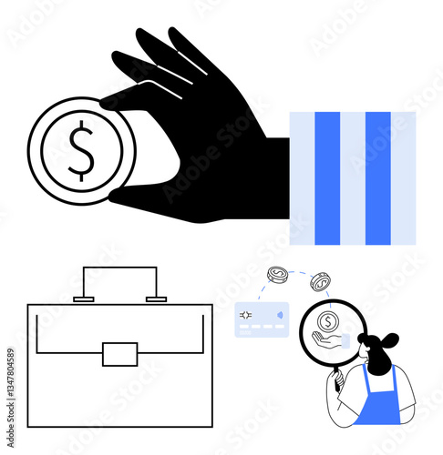Black hand holding dollar coin, business briefcase, credit card, person analyzing money with magnifying glass. Ideal for finance, banking, business management, investments, economy financial