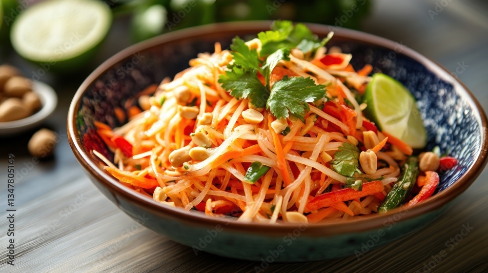 Authentic Thai papaya salad served in a decorative bowl presentation Authentic Thai papaya salad served in a decorative bowl presentation