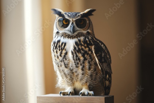 Wallpaper Mural Owl Wearing Sunglasses Posing on Wooden Block - Bird, Feathers, Wildlife Torontodigital.ca