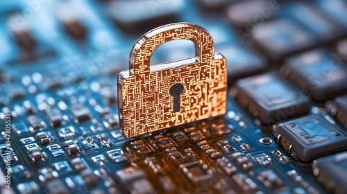 Cyber security padlock on circuit board. Concept protection, internet security, digital encryption, and online privacy. 