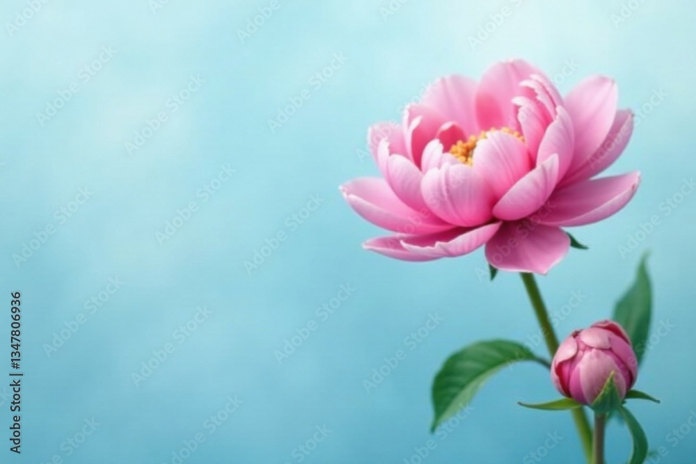 Fototapeta premium Elegant peony flowers on a smooth, abstract light blue background with subtle gradient colors and delicate petals, petal, smooth