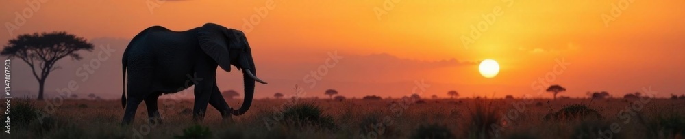 Obraz premium Elephant silhouette against misty savannah backdrop, Wildlife, Mist