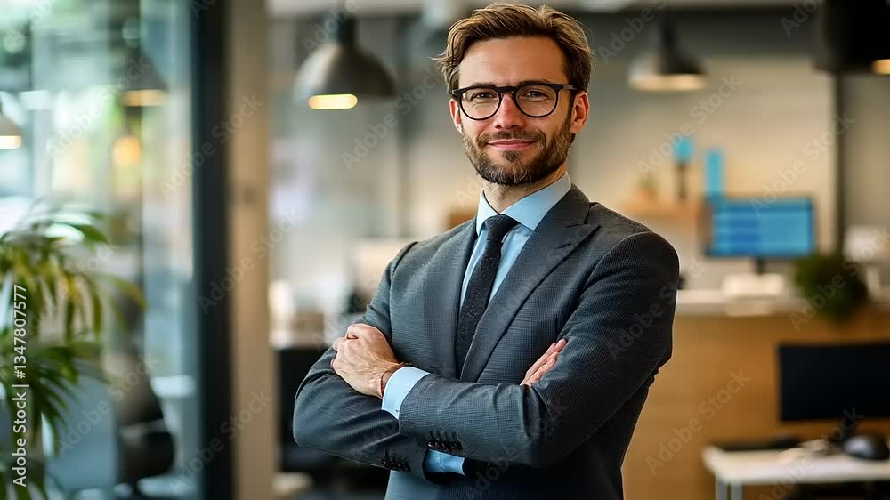 Confident businessman in a modern office setting, smiling with arms crossed, showcasing professionalism Confident businessman in a modern office setting, smiling with arms crossed, showcasing professionalism