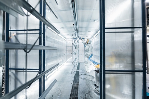man painting parts in powder coating booth
