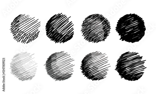 Eight balls with various shading and volume effect. Doodles and squiggles. Vector set