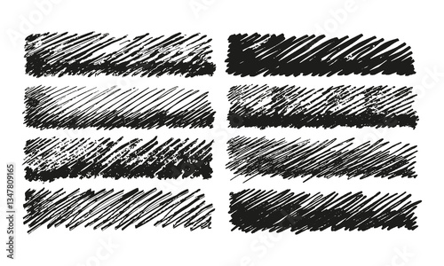 Eight variations of hatching with different artistic tools. Doodles and squiggles. Vector set