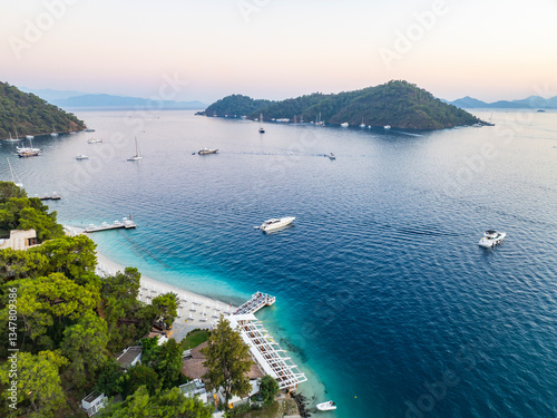 Fototapeta Naklejka Na Ścianę i Meble -  Gocek Island and Gocek Marina Drone Photo, Gocek Fethiye, Mugla Turkiye (Turkey)
