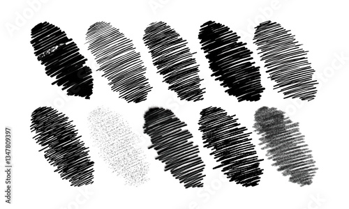 Ten variations of hand-drawn shading with various artistic tools. Doodles and squiggles. Vector set
