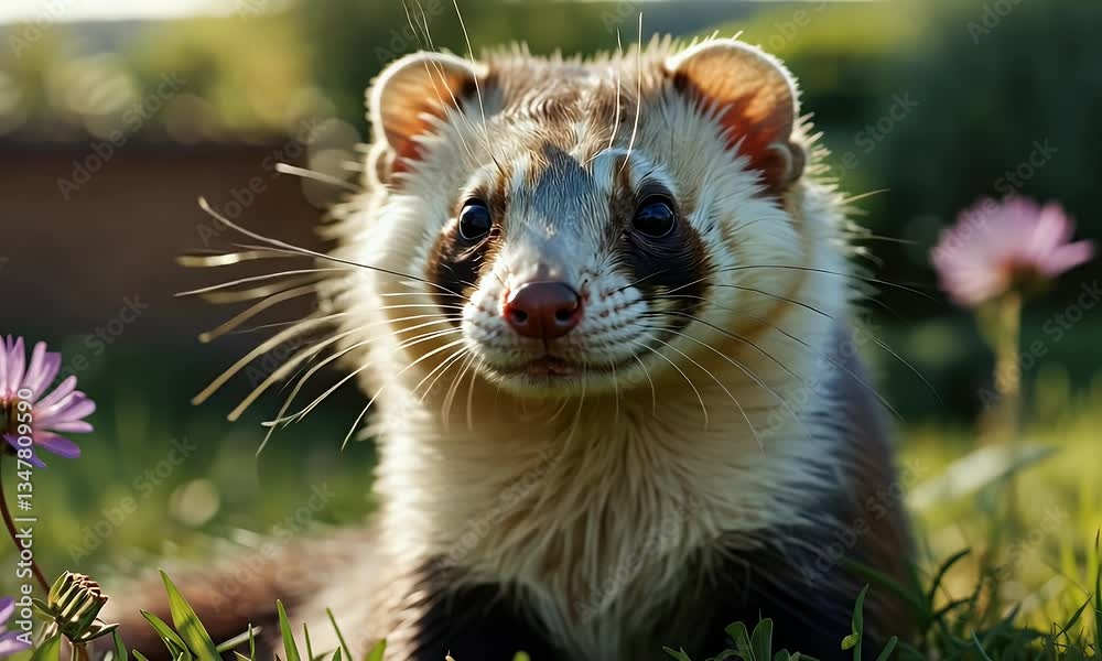 A close-up of a ferret lying in grass surrounded by flowers. A close-up of a ferret lying in grass surrounded by flowers.