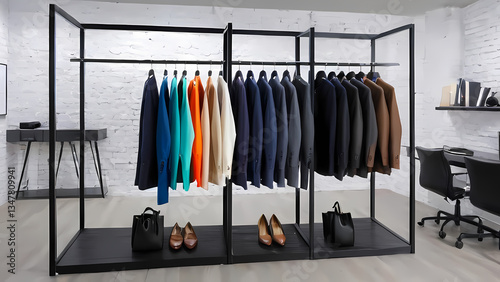Stylish clothing rack displays a variety of suits and accessories in a modern workspace environment Generative AI