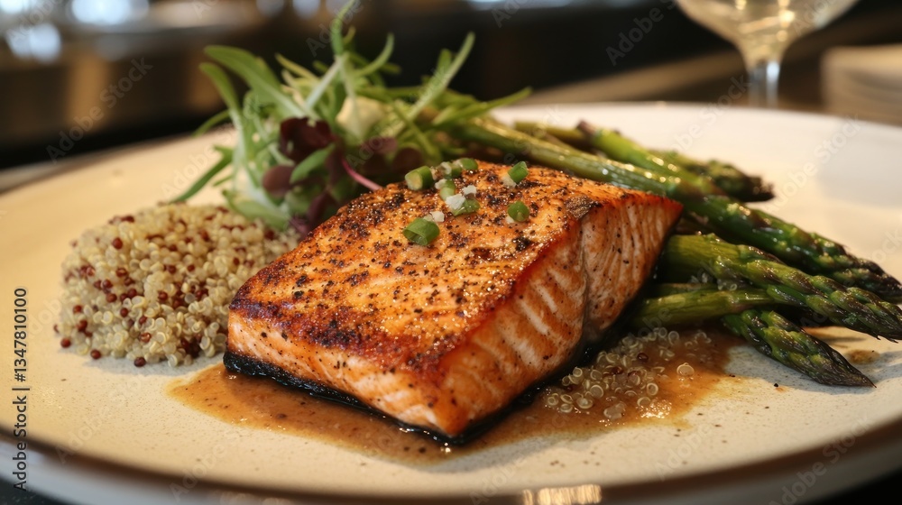 Delicious grilled salmon fillet served with quinoa, asparagus and fresh salad Delicious grilled salmon fillet served with quinoa, asparagus and fresh salad