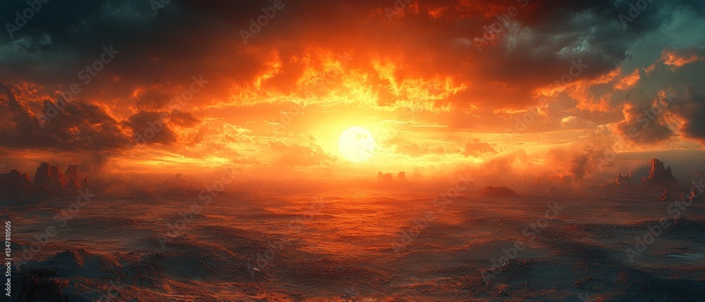 Obraz premium Fiery sunset over a vast, desolate landscape.