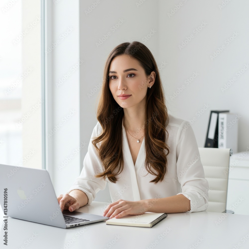 Professional woman with long brown hair in business attire, sitting at desk with laptop, showcasing productivity in modern office setting Professional woman with long brown hair in business attire, sitting at desk with laptop, showcasing productivity in modern office setting