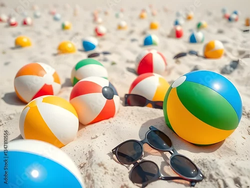 Fototapeta samoprzylepna Beach Balls, Sunglasses on Sandy Beach Summer Fun, Vacation, Leisure, Holiday, Playtime, Relaxation, Coastal Scene.