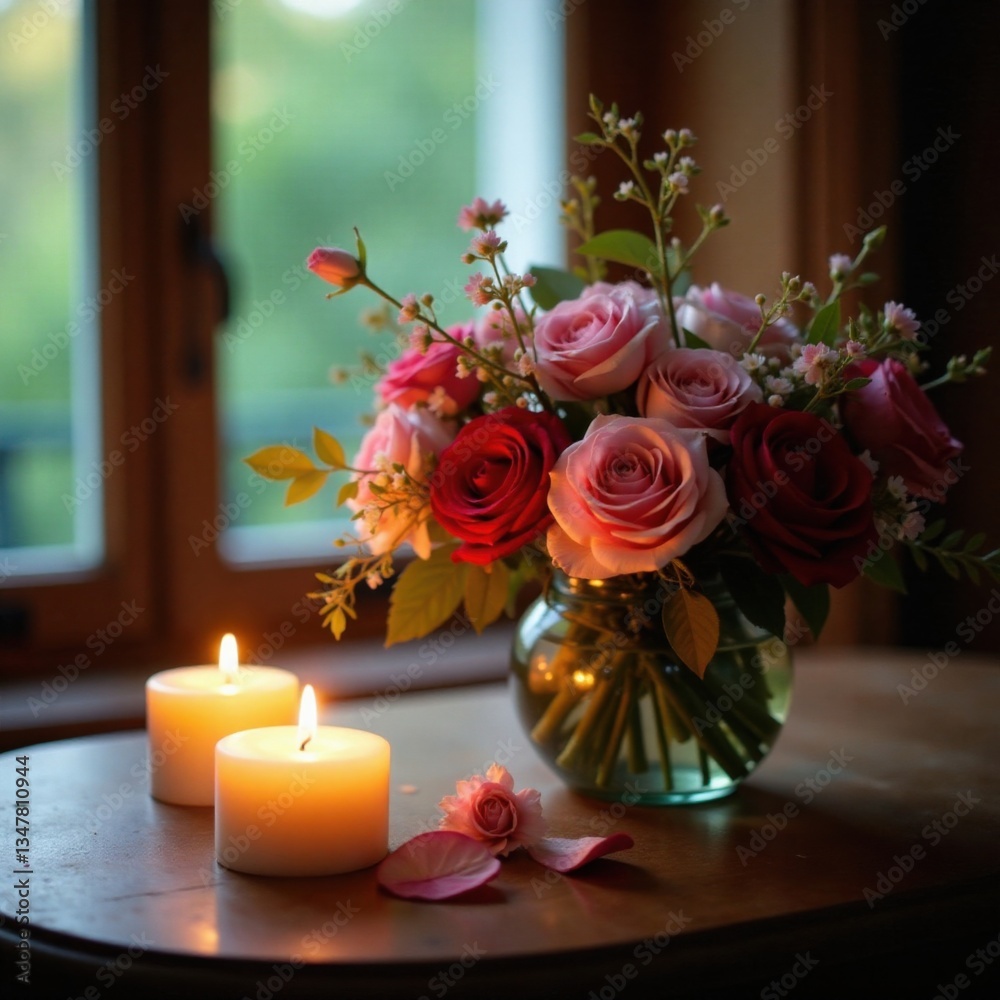 Floral arrangements illuminated by warm candlelight, candles, warm light, flowers Floral arrangements illuminated by warm candlelight, candles, warm light, flowers