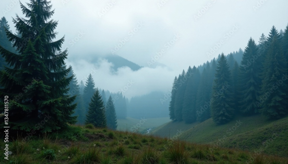 Forest landscape with misty atmosphere and old-growth fir trees, forest, vintage Forest landscape with misty atmosphere and old-growth fir trees, forest, vintage