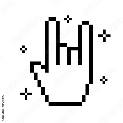Y2k pixel art hand with rock gesture. Rockstar. Abstract game element. Cool retro editable pixel vector illustration for music festival, party, concert. Punk, pop, music sign. White background