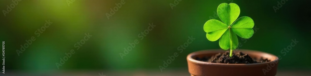 Naklejka premium Four-leaf clover growing out of a pot with bright green leaves, nature indoors, leafy greens, greenery