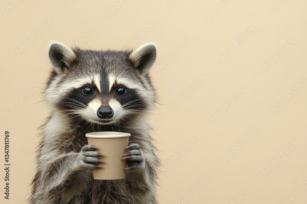 Obraz premium Raccoon Holding Coffee Cup Close-Up, Curious Expression, Wildlife Animal with Beige Background