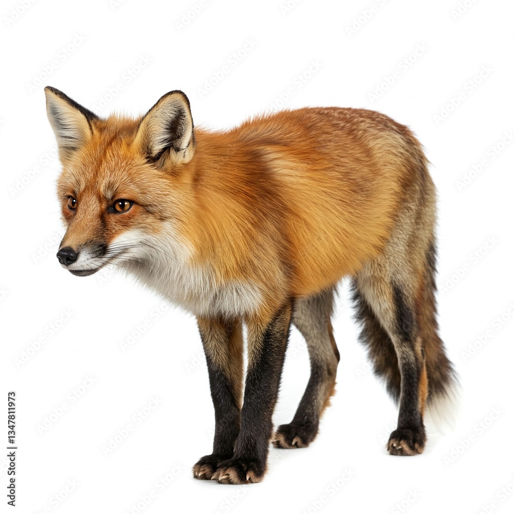 Fototapeta premium Red fox, Vulpes vulpes, standing, isolated on white