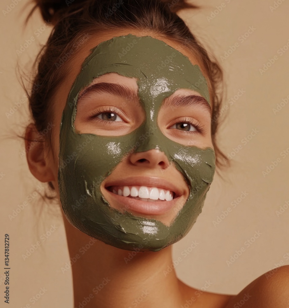 Fototapeta premium A young woman with a green face mask, smiling and relaxed, symbolizing care, health and wellness typical of contemporary beauty and wellness concepts.