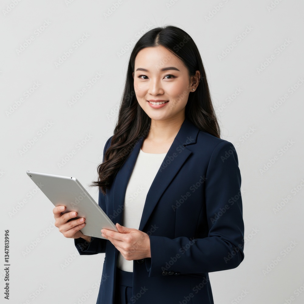 Professional Asian woman in navy blue blazer holding tablet with warm smile Professional Asian woman in navy blue blazer holding tablet with warm smile