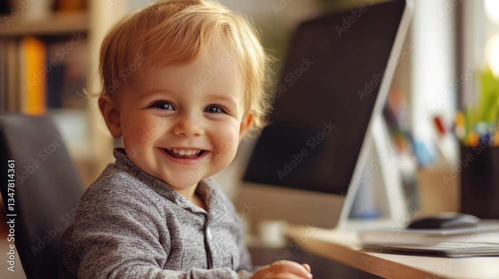 Adorable toddler smiling beside a computer screen displaying innocent childhood Adorable toddler smiling beside a computer screen displaying innocent childhood