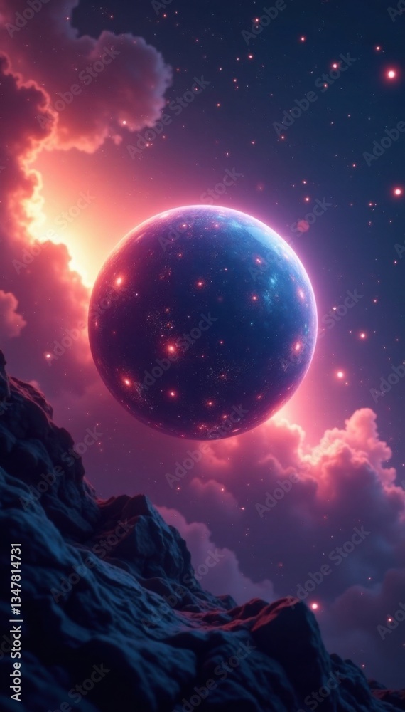 Naklejka premium Gently pulsing orb floats amidst nebulae glow, celestial, glowing sphere