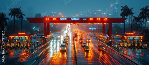 Night highway toll plaza with traffic in rain.