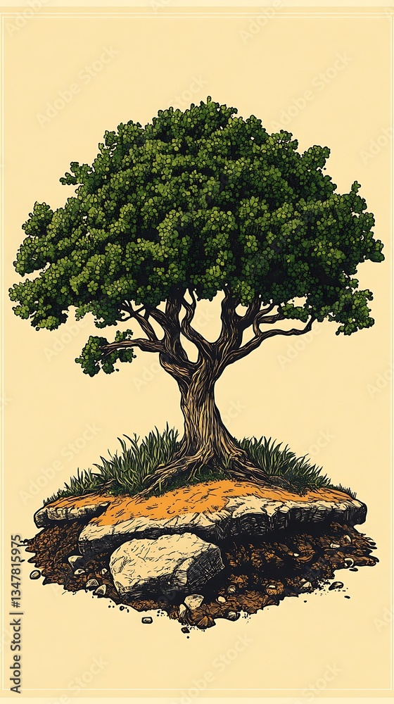 Fototapeta premium Tranquil Tree Illustration on Small Island Detailed Digital Art with Natural Stone Ground and Greenery