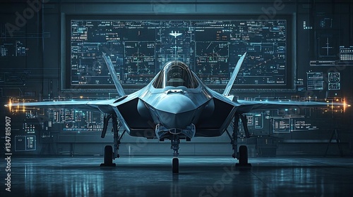 Futuristic Fighter Jet in a Dark Hangar with Control Panels
