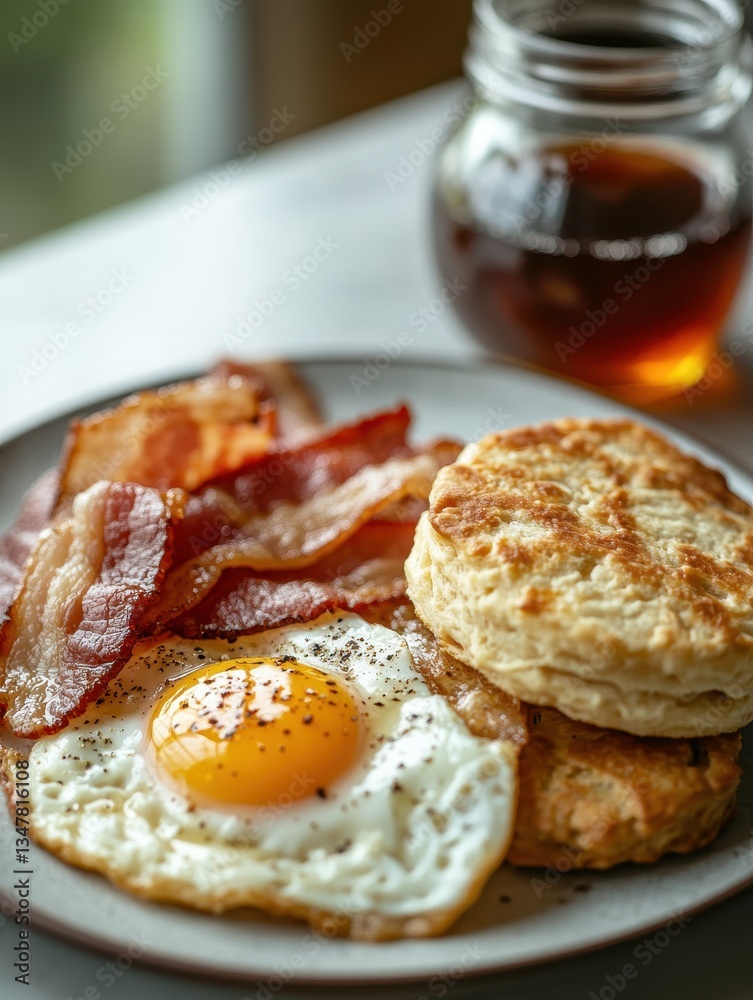 Delicious breakfast plate featuring crispy bacon, sunny side up egg, fluffy biscuit and a jar of syrup, perfect for a morning meal or brunch setting Delicious breakfast plate featuring crispy bacon, sunny side up egg, fluffy biscuit and a jar of syrup, perfect for a morning meal or brunch setting