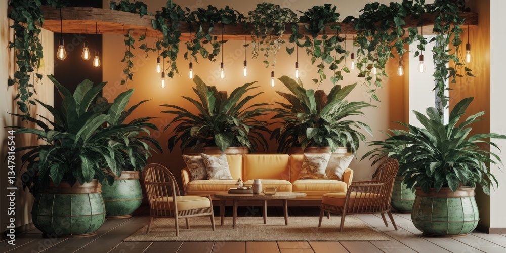 Obraz premium Cozy indoor living space with lush greenery and warm lighting