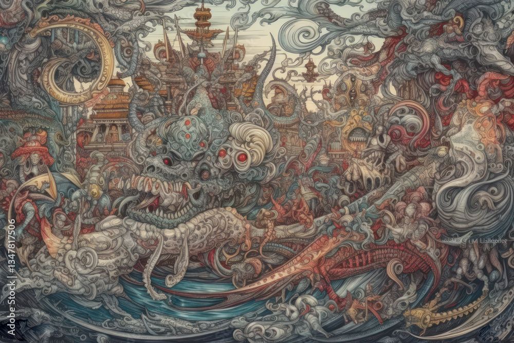 Obraz premium A rich and detailed fantasy scene made in a graphic art style with an abundance of small details and complex elements. 