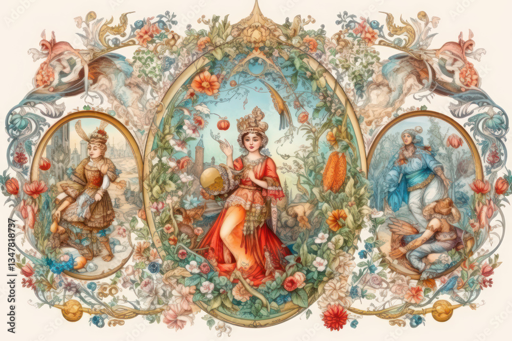 Obraz premium An elegant composition in Baroque style, consisting of three oval medallions, decorated with floral designs and depicting various characters in luxurious attire. 