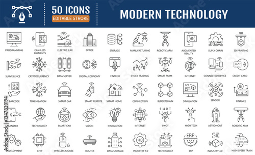 Modern technology line editable icon set. Containing artificial intelligence, machine learning, deep learning, blockchain technology, internet of things (iot)  and more. Vector Illustration