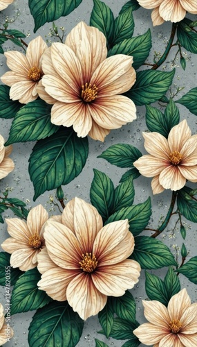 Wallpaper Mural Intricate floral pattern with charcoal grey and cream tones, featuring lush greenery and subtle texture , textured, wallpaper Torontodigital.ca