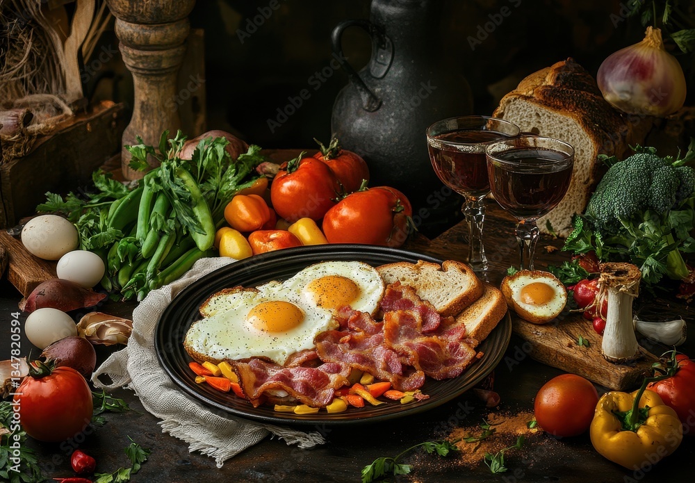 Delicious breakfast platter with eggs, crispy bacon, fresh vegetables, toasted bread, and coffee in cozy kitchen setting Delicious breakfast platter with eggs, crispy bacon, fresh vegetables, toasted bread, and coffee in cozy kitchen setting