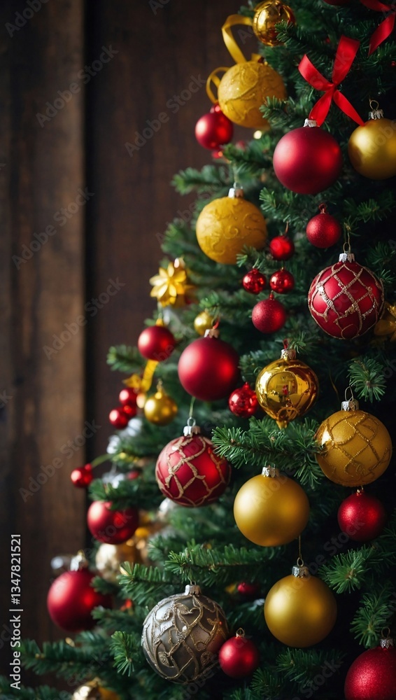 Festively decorated Christmas tree with red and yellow ornaments. Festively decorated Christmas tree with red and yellow ornaments.