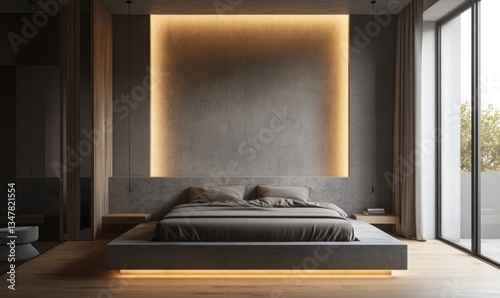 A modern bedroom featuring an illuminated bed frame and wall