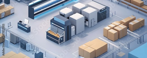 A detailed aerial view of a modern industrial warehouse featuring machinery, packing zones, and organized storage. The layout showcases efficiency in logistics and operations.