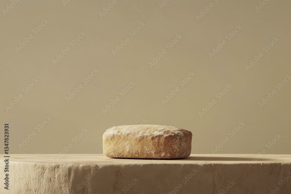 Fototapeta premium Loaf of Rustic Bread on Beige Textured Display Platform - Food Photography Prop