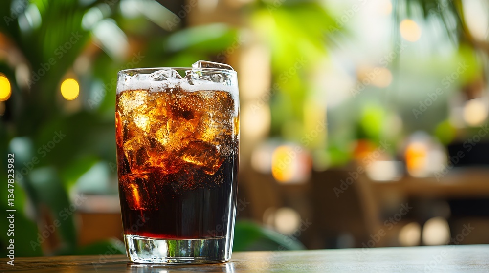 A refreshing glass of dark soda filled with ice, set against a vibrant and lush plant backdrop, perfect for capturing the essence of a relaxed, modern beverage experience. A refreshing glass of dark soda filled with ice, set against a vibrant and lush plant backdrop, perfect for capturing the essence of a relaxed, modern beverage experience.
